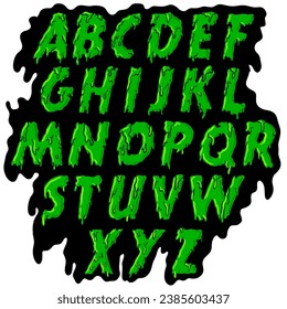 Alfabeto de lima verde, tipografía lisa fresca, fuente temible verde, letras latinas de fusión vectorial en estilo de caricatura para el diseño de texto de Halloween.