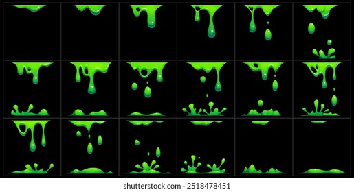 Green slime animated sprite, animation effect showing stages of dripping and splashing toxic liquid phlegm for video game. Cartoon vector sequence frame of gooey, slimy poison drip, gui storyboard