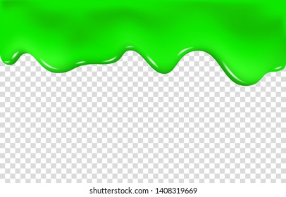 Green slime drip isolated on transparent background. Dripping  paint. Halloween mucus realistic 3d vector illustration.
