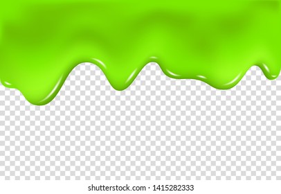 Green slime drip isolated on transparent background. Dripping  paint. Halloween mucus realistic 3d vector illustration.