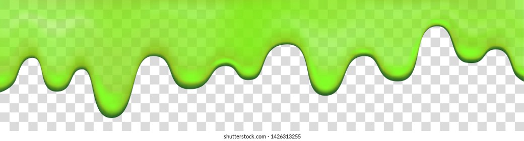 Green slime drip isolated on transparent background. Dripping  paint. Halloween mucus realistic 3d vector illustration.