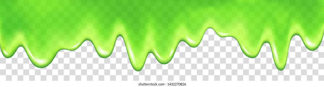 Green slime drip isolated on transparent background. Dripping  paint. Halloween mucus realistic 3d vector illustration.