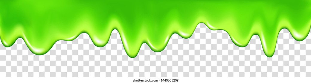 Green slime drip isolated on transparent background. Dripping  paint. Halloween mucus realistic 3d vector illustration.