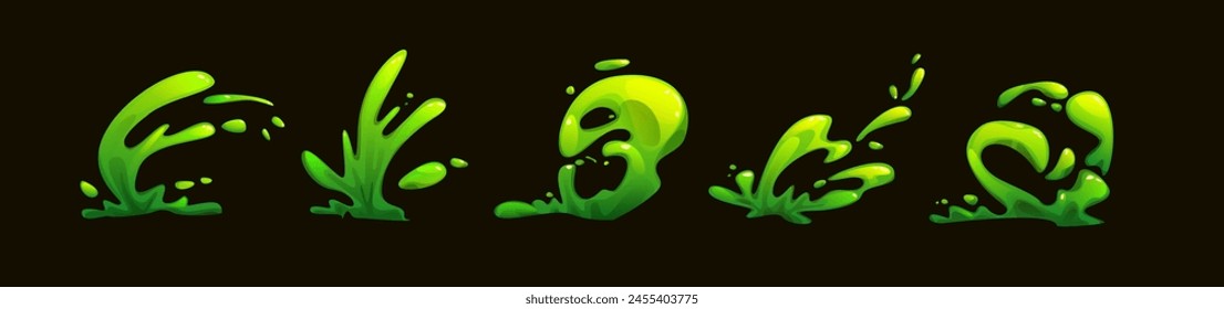 Green slime drip. Liquid Halloween mucus splat vector. Goo splash stain texture. Cartoon jelly paint toxic blot shape. Poison droplet of fluid gelatin for horror illustration. Dirty phlegm icon