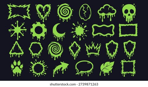 Green Slime Dripping Frames and Horror Cartoon Elements Set, Goo Splash Shapes Vector Collection