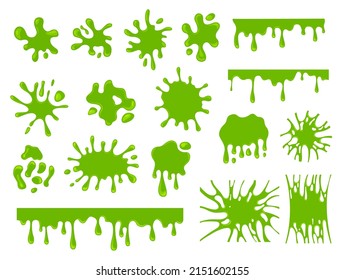 Green slime. Dripping slimes splash and mucus blob. Cartoon sticky splatter spot, glue jelly elements. Liquid decorative paint exact vector collection