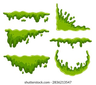 Green Slime Dripping and Splattering Vector Elements Set Isolated on White Background for borders and frames