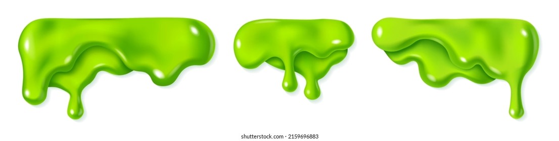 Green Slime Drop. Liquid Paint Sauce Drip. 3d Realistic Vector Illustration Isolated On White Background. Halloween Design. Flowing Melted Toxic Blob. Horizontal Leaking Border