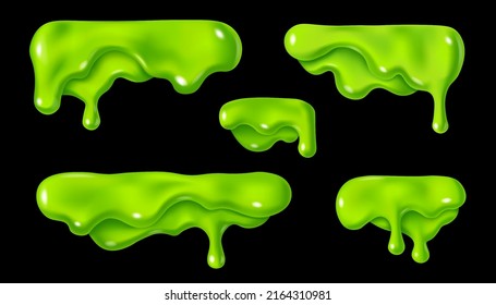 Green Slime Drop. Liquid Paint Sauce Drip. 3d Realistic Vector Illustration Isolated On Black Background. Halloween Design. Flowing Melted Toxic Blob. Horizontal Leaking Border