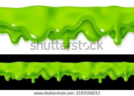 Green slime drop seamless. Liquid paint sauce drip. 3d realistic vector illustration isolated on black background. Halloween design. Flowing melted toxic blob. Horizontal leaking border
