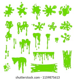 Green Slime Effects Different Types Set Drop Dirty Paint, Messy or Blob Splash. Vector illustration of Drip Liquid