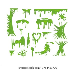 Green slime flat icon set. Goo blob splashes and toxic dripping mucus isolated vector illustration collection. Decorative shapes and liquid borders for design concept