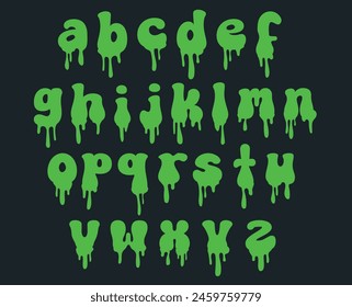 Green slime font. Alphabet with flow drops and slime splashes.  Liquid toxic, radioactive text in zombie style. Vector latin abs. The font is isolated on a dark background.