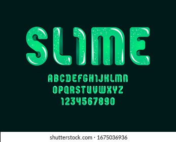 Fuente de lodo verde, alfabeto tierno en estilo caricatura, letras redondeadas verdes de A-Z y números de 0-9 para ustedes diseños: logotipo, pantalones t, tarjeta, cartel, ilustración vectorial 10EPS