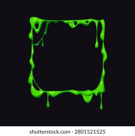 Green slime frame with toxic mucus sludge or ooze borders of radioactive dripping drops. Green slime frame of viscous snot or goo jelly of cartoon liquid ooze with sticky mucus drips of sludge