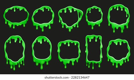 Green slime frames, cartoon vector set of borders with liquid toxic flows, dripping poison and viscous goo. Isolated round, square or rectangular frames with fluid mucus drops or sticky ooze splatters