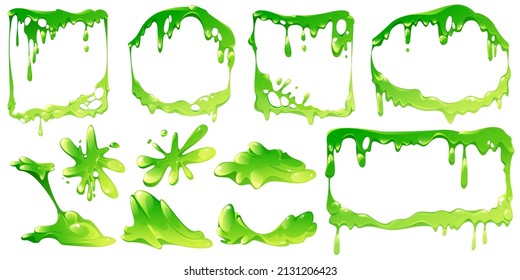 Green slime frames and elements isolated vector set. Liquid toxic ooze borders square, rectangle and round shapes with blobs and dripping. Sticky goo, jelly or syrup fluid splats, Cartoon illustration