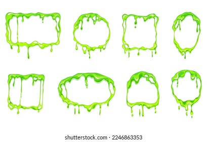 El goo de lima verde fluye marcos con diferentes formas. Concepto de estilo de caricatura de fluidos mucosos. Ilustración del diseño gráfico del vector