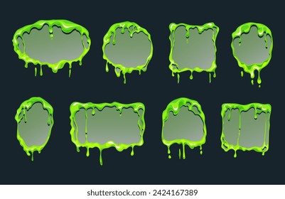 Green slime goo flows frames with different shapes. Mucus fluid cartoon style concept. Vector graphic design illustration