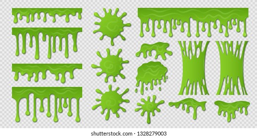 Green slime. Goo paint drip, spooky liquid borders, toxic sticky shape isolated on white. Vector slime splash blobs and green mucus