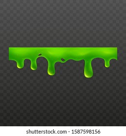 Green slime or goo spooky ooze dripping liquid vector illustration isolated on transparent background. Border for halloween scary slime banner or sticky toxic drops.