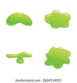 Ícones de lodo verde definem o vetor de desenho animado. Colorido gotejamento mancha lodo. Coloração de geleia