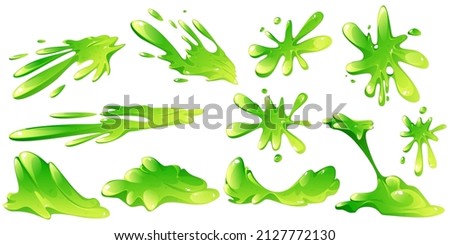 Green slime isolated vector set. Liquid toxic ooze blobs, stains, splashes and dripping. Sticky goo, jelly or syrup fluid splats, slimy phlegm or snot graphic design elements, Cartoon illustration