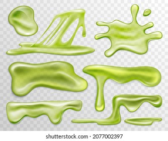 Green slime liquid, blots and drops set, top view vector illustration. 3d realistic splatter snail slug, splats of bacterias or viruses drip, Halloween mucus isolated on transparent background
