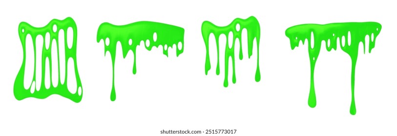 Green slime mucus drip isolated on white background. Sticky liquid toxic spooky drop and splash for Halloween design. Realistic 3d vector set of dripping scary fluid poison goo blob with splatter.