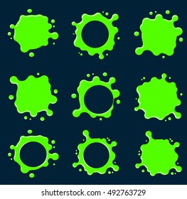 Green slime  set isolated on dark background. Paint drops collection