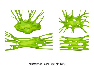 Green slime. A set of stretched slides on a white isolated background. Creepy toxic liquid. Vector cartoon illustration