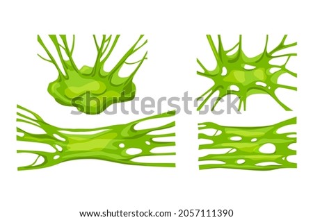 Green slime. A set of stretched slides on a white isolated background. Creepy toxic liquid. Vector cartoon illustration