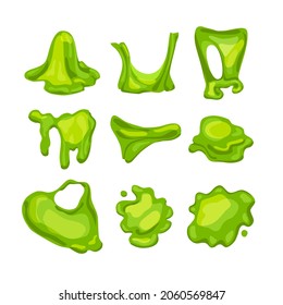 Green slime set.Crumpled, stretched, splattered slimes. Child toy. Vector cartoon illustration of liquid.