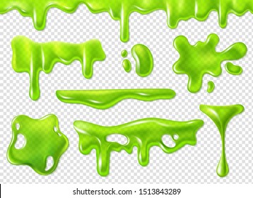 Green slime. Slimy purulent blots, goo splashes and mucus smudges. Realistic halloween elements isolated vector decorative forms dripping toxic set