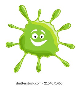 Green slime splash blot. Slime blot isolated on white background. Green blob with smile. Cartoon monster. Vector green abstract shape. Elements for Halloween web banner, flyer, cards and poster design