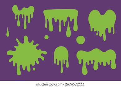 Baba verde salpica y gotea sobre fondo oscuro. Elementos líquidos tóxicos de Halloween para decoración y diseño.