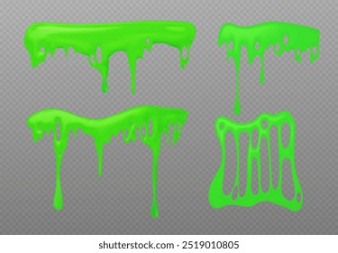 Green slime splatter set isolated on transparent background. Vector realistic illustration of neon liquid substance pouring down, toxic mucus drip, sticky phlegm splash, poisonous jelly syrup texture