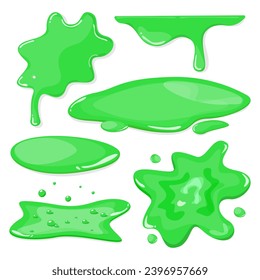 Green slime splatter set vector isolated. Illustration of green puddles of different shapes. Poisonous radioactive liquid.