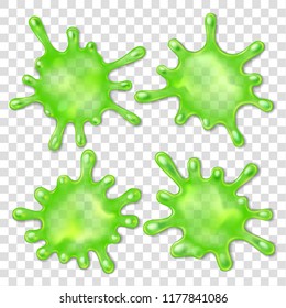 Green Slime Spot. 3d Splatter Snail Slug, Splat Bacteria Virus Or Halloween Mucus Splash Spots Blob With Dripping Drops Goo Isolated Vector Illustration Icons Set