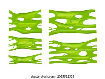 Green slime stretch set on white isolated background. Thick mucous jelly-like substance stretches in a sticky mass. Vector cartoon illustration.