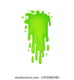 Green slime or toxic liquid flowing drops, cartoon vector illustration isolated on white background. Dirty messy paint drip element to use in holiday projects.