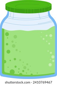 Green slime in a transparent jar with a green lid isolated on white. Cartoon style design of a slime toy container. Kids fun and creative plaything vector illustration.