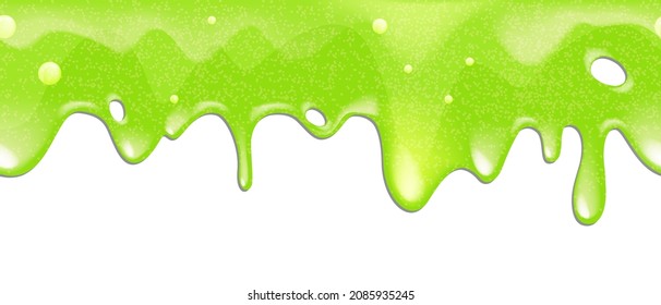 Green slime vector seamless border, glitter background, liquid dripping texture cartoon sticky toxic goo. Colorful gum syrup on white background Halloween mucus frame. Realistic green slime clipart