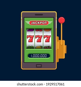 Green slot machine on mobile phone jackpot lucky wins vector illustration