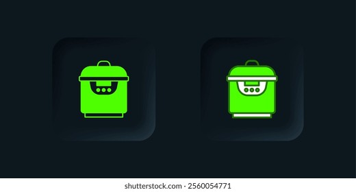 Green Slow cooker icon isolated on black background. Electric pan. Black square button. Vector