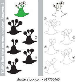 Green Slug Alien with different shadows to find the correct one, compare and connect object with it true shadow, the educational kid game with simple gaming level.