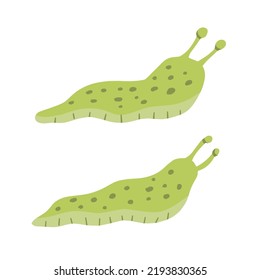 Lluvia verde. Conjunto de insectos resbaladizos. Ilustración de dibujos animados planos aislados sobre fondo blanco