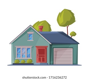 Green Small Cottage Facade with Garage, City or Country Street Building, Modern Residential House Real Estate Flat Vector Illustration