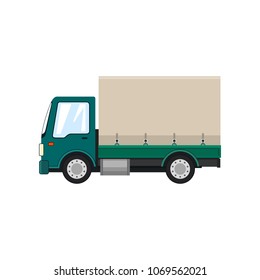 Green Small Covered Truck Isolated on White Background , Transport Delivery Services and Logistics, Shipping and Freight of Goods, Vector Illustration