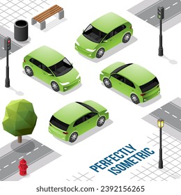 Coche isométrico verde pequeño desde la parte delantera derecha e izquierda aislado en blanco